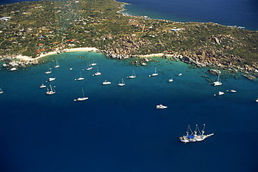 Aerial view over boats moored off the coast of St. Thomas, U.S. Virgin Islands, West Indies, Caribbean, Central America