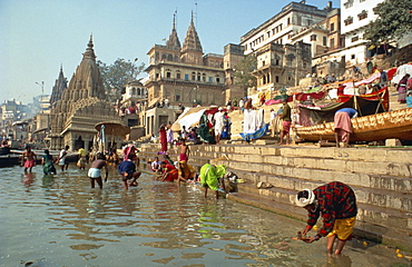 Morning religious festival, River Ganges, Varanasi (Benares), Uttar Pradesh state, India, Asia