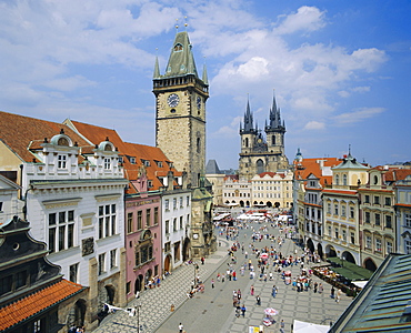 Stare Mesto Square towards gothic Tyn Church and Town Hall, Prague, Czech Republic, Europe