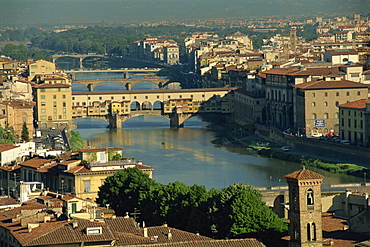 The Ponte Vecchio Bridge over the River Arno, from the Piazzale Michelangelo, in the city of Florence, Tuscany, Italy, Europe