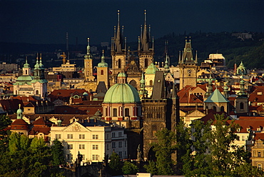 Aerial view of skyline of the Stare Mesto district including Tyn Church, Charles Bridge and Town Hall in the city of Prague, Czech Republic, Europe