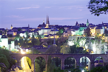 City skyline at dusk, Luxembourg City, Luxembourg, Europe