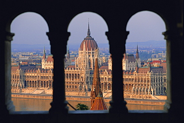 Parliament building and the Danube River from the Castle district, Budapest, Hungary, Europe