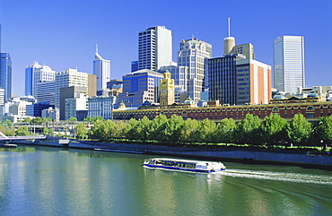 The city skyline and Yarra River from Southgate, Melbourne, Victoria, Australia