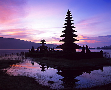 Reflections of the Candikuning Temple in the water of Lake Bratan on Bali, Indonesia, Southeast Asia, Asia