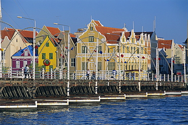 Colonial gabled buildings and the Queen Emma pontoon bridge, Willemstad, Curacao, Caribbean, Central America