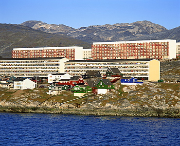 Houses and apartment buildings on the shore at Nuuk, Godthab, capital city of Greenland, Polar Regions