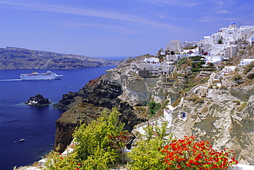 Cruiseship passing the island, Santorini, Cyclades Islands, Greece, Europe