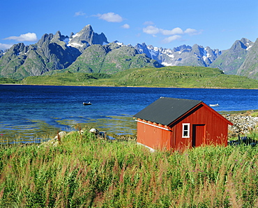 Raftsund Channel and Trolltinden Mountains, Lofoten Islands, Nordland, Norway, Scandinavia, Europe