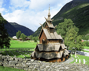 The best preserved 12th century stave church in Norway, Borgund Stave Church, Western Fjords, Norway, Scandinavia, Europe