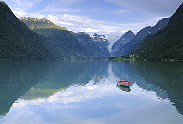 Tranquil scene near Olden, Oldevatnet Lake, Western Fjords, Norway, Scandinavia, Europe