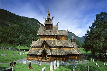 The best preserved 12th century stave Christian church in Norway, Borgund Stave Church, Western Fjords, Norway, Scandinavia, Europe