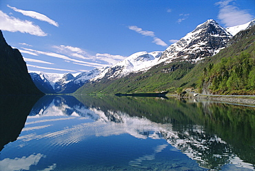 Tranquil scene near Olden, Oldevatnet Lake, Western Fjords, Norway, Scandinavia, Europe