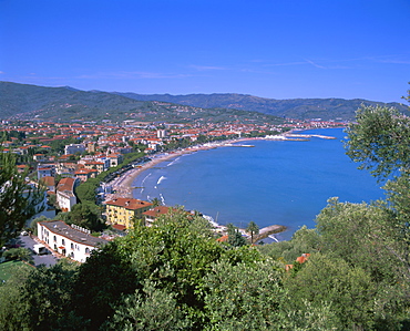 Elevated view of the coastline, Diano Marina, Italian Riviera, Liguria, Italy, Europe