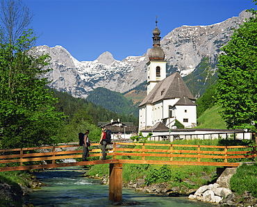 Ramsau village church and mountains, Bavaria, Germany, Europe