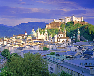 Elevated view of the old city, Kollegienkirche and Cathedral domes, Salzburg, Tirol, Austria