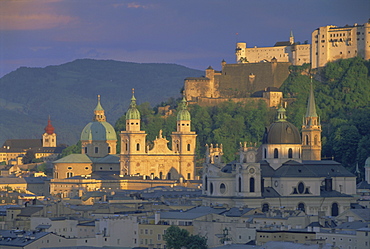 Elevated view of Kollegienkirche and cathedral domes, Salzburg, UNESCO World Heritage Site, Austria, Europe