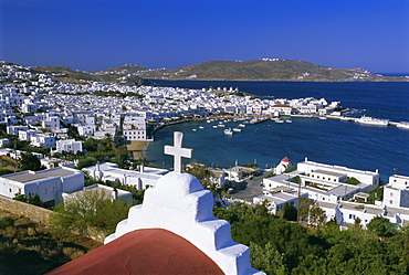 Elevated view of city, Mykonos (Hora), Cyclades Islands, Greece, Europe