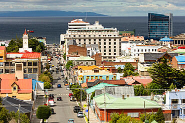 View down Avenida Independencia to Magellan Strait, Punta Arenas, Chile, South America