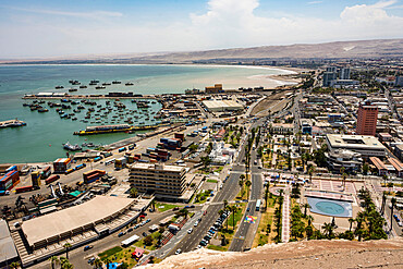 Port and downtown seen from the top of El Morro de Arica, Arica, Chile, South America