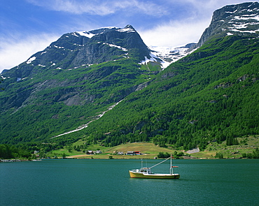 Fishing boat on Olden Lake, Sogn and Fjordane, Norway, Scandinavia, Europe