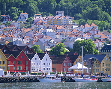 View towards Bryggen, Bergen, Norway, Scandinavia, Europe