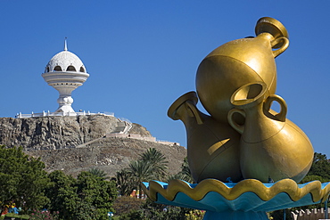 Golden sculpture on road roundabout & Incense burner (Riyam monument), Muscat, Oman, Middle East