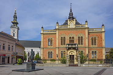 Bishop's Palace, Zmaj statue and Orthodox Cathedral, Novi Sad, Vojvodina, Serbia, Europe