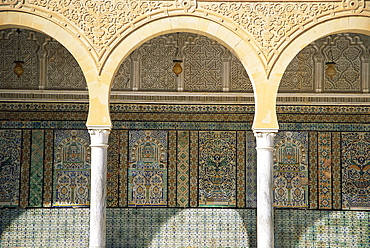 Close-up of arches and decorated walls, Zaouia of Sidi Sahab, Kairouan, Tunisia, North Africa, Africa