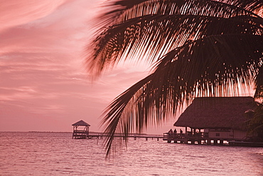 People in beach bar near the Moorings at sunset, Placencia, Belize, Central America