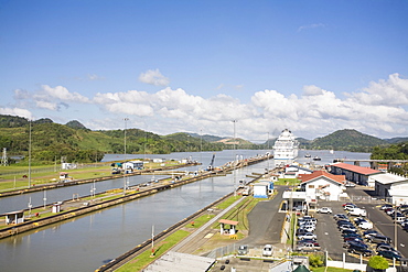 Island Princess Cruise ship transiting Miraflores Locks, Panama Canal, Panama, Central America