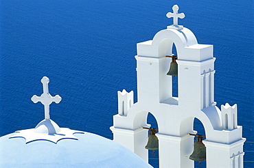 Blue-domed church and belltower, Firostnhani, Santorini, Greece *** Local Caption ***