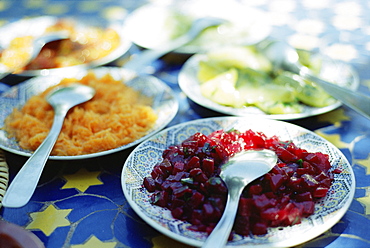 Plates of Moroccan salad, traditional first course in restaurants, Marrakesh (Marrakech), Morocco, North Africa, Africa