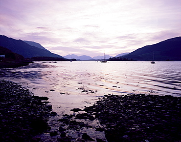 Loch Levan at sunset, near Glencoe village, Western Highlands, Scotland, United Kingdom, Europe