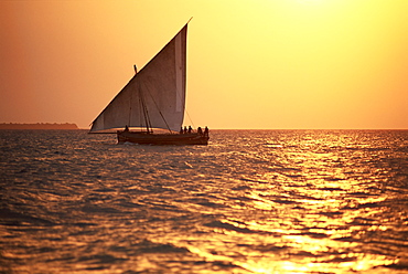 Dhow in silhouette on the Indian Ocean at sunset, off Stone Town, Zanzibar, Tanzania, East Africa, Africa