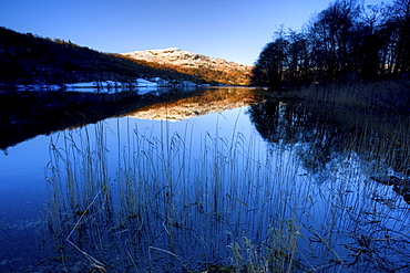 View across Grasmere on snowy winter morning with sunlight on distant fells, near Ambleside, Lake District National Park, Cumbria, England, United Kingdom, Europe