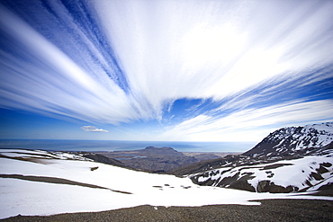 View towards the coast and sea from the Vatnajokull Glacier, southern area, Iceland, Polar Regions