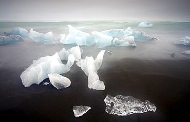 Icebergs from the Jokulsarlon glacial lagoon washed up on a nearby black volcanic sand beach from the North Atlantic Ocean, Iceland, Polar Regions