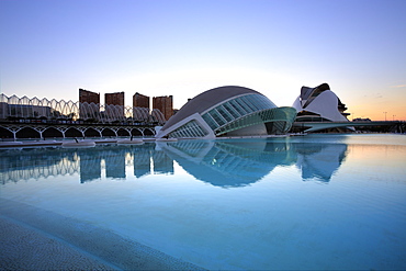 L'Hemisferic, L'Umbracle and El Palau de les Arts Reina Sofia at dusk at the City of Arts and Sciences (Ciudad de las Artes y las Ciencias), Valencia, Spain, Europe