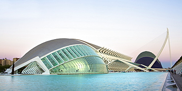 L'Hemisferic, El Museu de les Ciencies Principe Filepe and L'Agora at dusk at the City of Arts and Sciences (Ciudad de las Artes y las Ciencias), Valencia, Spain, Europe