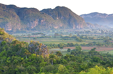 The Vinales Valley, UNESCO World Heritage Site, bathed in early morning sunlight, from Hotel Los Jasmines, Vinales, Pinar Del Rio, Cuba, West Indies, Caribbean, Central America