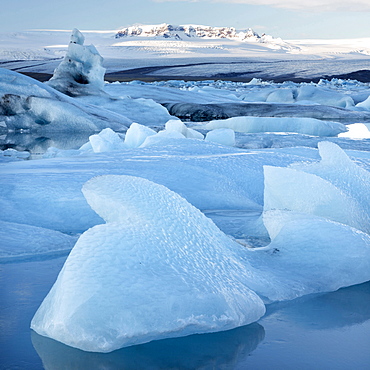 View over Jokulsarlon, a glacial lagoon at the head of the Breidamerkurjokull Glacier, towards icebergs and snow-capped mountains, with reflections in the calm water of the lagoon on a winter's afternoon, on the edge of the Vatnajokull National Park, South Iceland, Iceland, Polar Regions