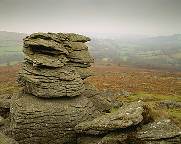 Misty view at Hound Tor, Dartmoor, south Devon, England, United Kingdom, Europe