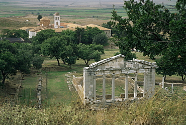 The Boulenterion with church of Shenmri in background, Apollonia, Albania, Europe