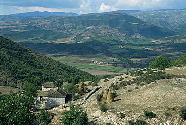 Small farm in foreground and Vjosa Valley beyond, Albania, Europe