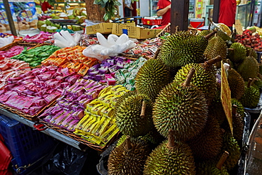 Durian fruit for sale in Chinatown, Singapore, Southeast Asia, Asia