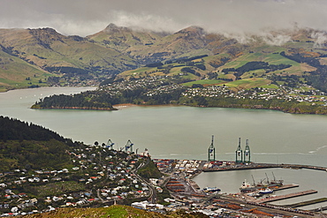 View of Lyttelton Harbour from summit of Christchurch Gondola, Heathcote Valley, Christchurch, Canterbury, South Island, New Zealand, Pacific