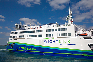 Flagship Victoria of Wight hybrid energy Wightlink ferry docks at Portsmouth