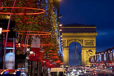 Champs Elysees and Arc de Triomphe at dusk, Paris, France, Europe