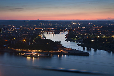 Mosel and Rhine rivers converge at Deutsches Eck, Koblenz, Rhineland-Palatinate, Germany, Europe